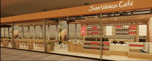 Render del futuro local de Juan Valdez Café en Aeroparque